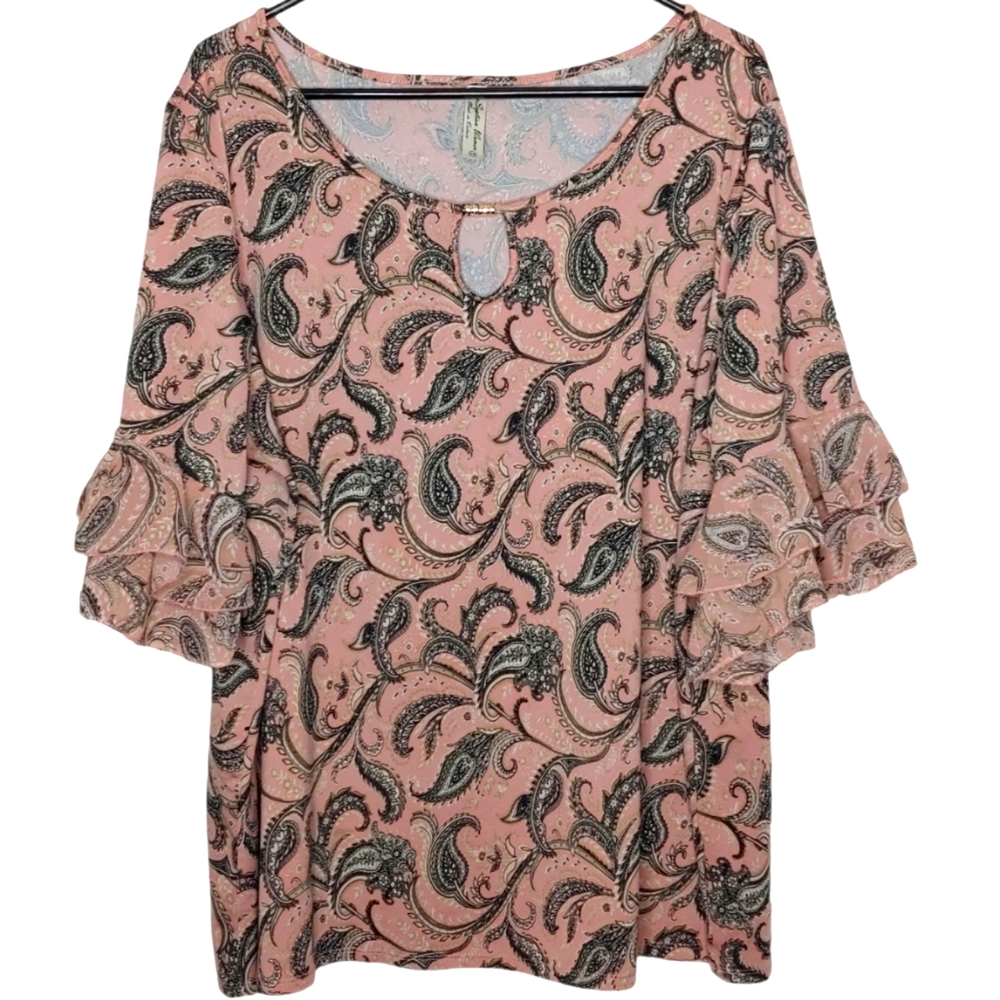 PerSeption Women's Scoop Neck Pink Paisley Blouse with Ruffled Sleeves Size 3X